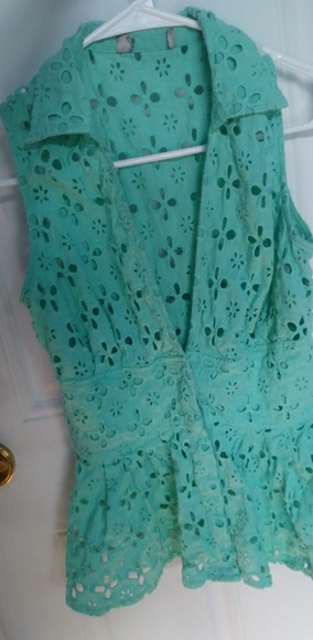 GUESS aqua eyelet peplin top S - Picture 4 of 8